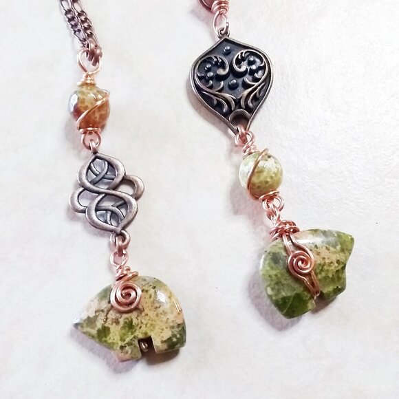 Unique Unakite Jasper Bear "Y" + Copper Necklace! 4 Wire Wrapped Beaded Sections - Picture 11 of 14